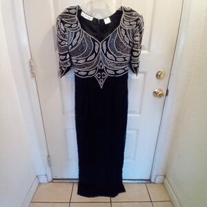VINTAGE NIGHT VOGUE FORMAL GOWN MAXI DRESS SMALL SEQUIN SILK SHORT SLEEVE ZIP